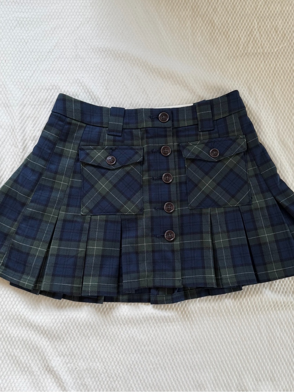 American Eagle Outfitters Navy and Green Plaid Button-Front Pleated Mini Skirt